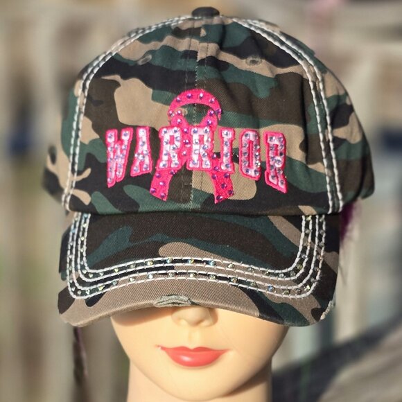 Ladies Camo & Pink Breast Cancer Warrior BLING Hat NEW - Picture 1 of 4